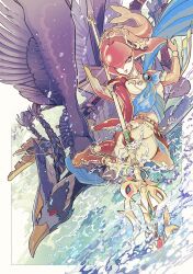 Rule 34 | 1boy, 1girl, absurdres, bird boy, blue feathers, bow (weapon), brown eyes, colored skin, feathers, fish girl, green eyes, highres, holding, holding polearm, holding weapon, hyrule warriors: age of calamity, mipha, naname (seven28), nintendo, polearm, red skin, revali, rito, spear, the legend of zelda, the legend of zelda: breath of the wild, toga, water, weapon, zora