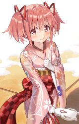 1girl absurdres cocoa_(ultra_mdk) gloves highres japanese_clothes kaname_madoka kaname_madoka_(haregi_ver.) kimono long_sleeves looking_at_viewer mahou_shoujo_madoka_magica new_year pink_hair short_twintails smile solo twintails white_gloves