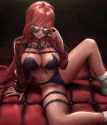 Rule 34 | 1girl, absurdres, bikini, bikini over clothes, black bikini, bodystocking, breasts, cleavage, covered navel, eko.art, goddess of victory: nikke, highres, jacket, large breasts, leather, leather jacket, long hair, long sleeves, open clothes, open jacket, open mouth, orange eyes, red hair, red jacket, see-through, see-through cleavage, sidelocks, sitting, smile, solo, sunglasses, swimsuit, thighs, volume (nikke)