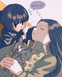 Rule 34 | 2boys, black hair, blunt bangs, brothers, closed eyes, flower, hands on own stomach, highres, holding, holding flower, hunter x hunter, illumi zoldyck, japanese clothes, kalluto zoldyck, kimono, long hair, long sleeves, lying, multiple boys, no bangs, on back, parted lips, purple eyes, short hair, siblings, sleeping, thicopoyo, trap, waking another, zzz