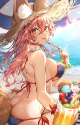 Rule 34 | 1girl, :p, animal ear fluff, animal ears, arched back, bare shoulders, beach, bikini, blue bikini, blush, bracelet, breasts, butt crack, day, ears through headwear, fate/grand order, fate (series), food, fox ears, fox girl, fox tail, hair between eyes, halterneck, hat, highres, holding, holding spoon, ice cream, jewelry, large breasts, long hair, looking at viewer, necklace, outdoors, pillo, pink hair, shoulder blades, side-tie bikini bottom, sitting, smile, solo, spoon, straw hat, string bikini, sun hat, sundae, swimsuit, tail, tamamo (fate), tamamo no mae (fate/extra), tamamo no mae (swimsuit lancer) (fate), tongue, tongue out, wet, yellow eyes