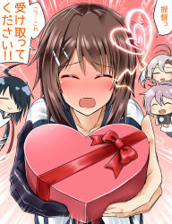 Rule 34 | 10s, 4girls, = =, ^ ^, ahoge, aoba (kancolle), black gloves, black hair, blush, bow, box, box of chocolates, brown hair, camera, closed eyes, collarbone, emphasis lines, furutaka (kancolle), gloves, hair ornament, hairclip, heart, heart-shaped box, highres, incoming gift, kako (kancolle), kamelie, kantai collection, kinugasa (kancolle), laughing, looking at viewer, multiple girls, open mouth, outstretched arms, package, pink hair, red bow, ribbon, school uniform, shirt, short hair, sweat, translated, upper body, valentine, white hair, white shirt