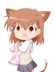 Rule 34 | 1girl, bad id, bad pixiv id, brown eyes, brown hair, clothes in front, covering privates, fang, female focus, kemonomimi mode, misaka mikoto, rubii, school uniform, short hair, simple background, solo, surprised, sweater vest, toaru majutsu no index, trembling, white background