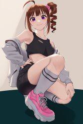 Rule 34 | 1girl, ahoge, armpits, black shorts, black sports bra, blush, breasts, brown hair, collarbone, drill hair, fingernails, full body, grey jacket, hair ornament, hair scrunchie, hand on own hip, hand on own knee, highres, idolmaster, idolmaster million live!, jacket, jacket partially removed, kamille (vcx68), looking at viewer, nail polish, on one knee, pink footwear, purple eyes, scrunchie, shoes, shorts, side ponytail, small breasts, smile, sneakers, socks, sports bra, white socks, yokoyama nao