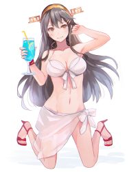 Rule 34 | 1girl, armpits, bikini, black hair, bracelet, breasts, brown eyes, cleavage, collarbone, cup, drink, drinking glass, drinking straw, front-tie bikini top, front-tie top, full body, gluteal fold, hand up, haruna (kancolle), high heels, jewelry, kantai collection, kasumi (skchkko), kneeling, long hair, looking at viewer, medium breasts, navel, toeless footwear, red footwear, sandals, sarong, see-through, simple background, smile, solo, stiletto heels, swimsuit, white background, white bikini, white sarong