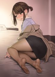 Rule 34 | 1girl, ass, black skirt, blue skirt, blush, brown eyes, brown hair, brown pantyhose, coat, commentary, douki-chan (douki-chan), earrings, feet, ganbare douki-chan, highres, indoors, jewelry, looking away, no shoes, office lady, on bed, open mouth, pantyhose, see-through, see-through legwear, skirt, solo, trench coat, yomu (sgt epper)