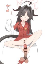 Rule 34 | 1girl, absurdres, barefoot, black hair, blue archive, blush, bottomless, censored, cleft of venus, closed eyes, feet, footjob, highres, horns, kasumi (blue archive), long hair, muno mochi, open mouth, pussy, soles, tail, toes