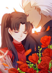 Rule 34 | 1boy, 1girl, archer (fate), black shirt, couple, closed eyes, fate/stay night, fate (series), flower, parted lips, red flower, red rose, red shirt, rose, shirt, sketch, smile, tohsaka rin, twintails, upper body, white background, yaoshi jun