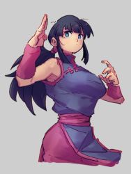Rule 34 | 1girl, black hair, blue dress, blue eyes, breasts, chi-chi (dragon ball), china dress, chinese clothes, closed mouth, dragon ball, dragon ball (classic), dress, fighting stance, grey background, kemachiku, long hair, medium breasts, simple background, solo