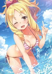 Rule 34 | 1girl, ;d, absurdres, bent over, bikini, blonde hair, blue sky, blurry, bow, breasts, brown eyes, cleavage, collarbone, day, depth of field, drill hair, dutch angle, eromanga sensei, fisheye, hair bow, halterneck, highres, index finger raised, looking at viewer, one eye closed, open mouth, outdoors, parted bangs, pointing, pointing up, ponytail, ringlets, scan, side-tie bikini bottom, sidelocks, sky, small breasts, smile, solo, splashing, striped bikini, striped clothes, swimsuit, wading, water drop, yamada elf, yuuki hagure
