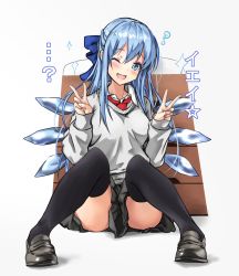 Rule 34 | ..., 1girl, ;d, ?, aged up, alternate costume, alternate hair length, alternate hairstyle, amagi (amagi626), ass, black footwear, black skirt, black thighhighs, blue bow, blue eyes, blue hair, blush, bow, cirno, commentary request, contemporary, double v, full body, gradient background, grey background, grey sweater, hair between eyes, hair bow, hands up, head tilt, highres, loafers, long hair, looking at viewer, miniskirt, one-hour drawing challenge, one eye closed, open mouth, pleated skirt, red neckwear, school uniform, shirt, shoes, sitting, skirt, smile, solo, sparkle, star (symbol), sweater, thighhighs, thighs, touhou, translation request, v, white background, white shirt, wing collar