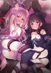 2girls absurdres artina black_hair black_thighhighs bound bound_wrists detached_sleeves frilled_thighhighs frills highres hime_cut long_hair magical_girl multiple_girls nipples original panties pink_hair purple_eyes rape red_eyes saliva tears tentacles thighhighs underwear white_thighhighs