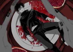 Rule 34 | 1boy, 1other, absurdres, belt, black hair, black jacket, black nails, black pants, commentary request, expressionless, fake blood, fingernails, food, foot out of frame, fork, from above, fruit, fushiguro megumi, highres, holding, holding fork, holding knife, jacket, jujutsu kaisen, jujutsu tech uniform, knife, limited palette, male focus, mini person, miniboy, on plate, pants, parted lips, plate, pomegranate, pov, red background, sasaki kura, school uniform, shirt, shirt tucked in, signature, solo focus, table knife, toenails, white belt, white shirt