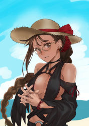 Rule 34 | 1girl, bare shoulders, black one-piece swimsuit, blush, braid, breasts, brown hair, choker, cleavage, day, detached sleeves, ear piercing, earrings, fate/grand order, fate (series), glasses, highres, jewelry, large breasts, long hair, looking at viewer, multiple earrings, o-ring, one-piece swimsuit, piercing, solo, swimsuit, user hysd4435, very long hair, yu mei-ren (fate), yu mei-ren (festival outfit) (fate)