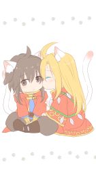Rule 34 | absurdres, ahat (ragnarok online), ahoge, animal ear fluff, animal ears, blonde hair, blue shirt, blush, boots, brown eyes, brown footwear, brown hair, brown pants, cat boy, cat ears, cat tail, cheshire (ragnarok online), chibi, cloak, colored eyelashes, commentary request, full body, highres, indian style, kemonomimi mode, long hair, looking to the side, male focus, manoji, medium hair, pants, ragnarok online, red cloak, red robe, robe, shirt, sitting, standing, tail, yaoi
