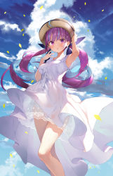 Rule 34 | :o, absurdres, ahoge, armpits, blue hair, blue sky, braid, breasts, cloud, colored inner hair, day, dress, falling leaves, gaou (umaiyo puyoman), hair ribbon, hand on own head, hand to own mouth, hat, highres, hololive, leaf, legs, long hair, minato aqua, multicolored hair, nail polish, open mouth, outdoors, panties, petals, purple eyes, purple hair, ribbon, see-through, side braid, sky, standing, sun hat, sundress, thighs, two-tone hair, underwear, very long hair, virtual youtuber, white panties