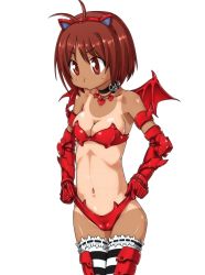 Rule 34 | 00s, 1girl, :&gt;, antenna hair, bare shoulders, blush stickers, breasts, brown eyes, brown hair, cameltoe, choker, cleavage, cleft of venus, elbow gloves, gloves, hairband, heart, hidaka ai, idolmaster, idolmaster dearly stars, navel, nightmare blood, one-piece tan, short hair, simple background, small breasts, solo, striped clothes, striped thighhighs, tan, tanline, thighhighs, ttomm, wings