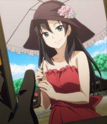 Rule 34 | 10s, 1girl, aged down, ayami cherryblossom, bare arms, bare shoulders, black hair, building, collarbone, drawing (object), dress, dutch angle, female focus, flower, green eyes, hat, hat flower, heavy object, highres, holding, holding umbrella, long hair, looking at viewer, neck, non-web source, outdoors, red dress, screencap, smile, solo, strapless, strapless dress, sunlight, umbrella, upper body