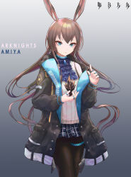 Rule 34 | 1girl, absurdres, amiya (arknights), animal ears, arknights, ascot, black jacket, black pantyhose, blue ascot, blue eyes, blue skirt, brooch, brown hair, character name, commentary, copyright name, cowboy shot, gradient background, grey background, hand up, highres, holding, ita (itta), jacket, jewelry, long hair, long sleeves, miniskirt, neck ring, off shoulder, open clothes, open jacket, originium (arknights), pantyhose, pleated skirt, rabbit ears, ring, shirt, skirt, solo, standing, thighlet, very long hair, white shirt