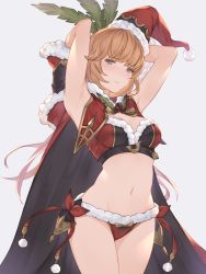 Rule 34 | 1girl, alternate costume, armpits, arms behind head, bikini, blush, breasts, cape, clarisse (granblue fantasy), clarisse (granblue fantasy) (cosplay), cosplay, cowboy shot, fur-trimmed cape, fur-trimmed gloves, fur trim, gloves, granblue fantasy, green eyes, grey background, hat, highres, holly, legs together, long hair, looking at viewer, mature female, medium breasts, navel, orange hair, promethea (granblue fantasy), red cape, santa costume, santa hat, stomach, sweatdrop, swimsuit, wuming