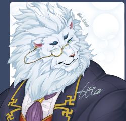 Rule 34 | 1boy, animal ears, animal nose, ascot, bara, colored eyelashes, commentary request, formal, frilled shirt, frills, furry, furry male, green eyes, highres, hio tksr05, lapels, lion boy, lion ears, male focus, mature male, monocle, monocle chain, muscular, muscular male, notched lapels, rounded corners, serious, shirt, signature, snout, snow (housamo), solo, suit, thick eyebrows, tokyo houkago summoners, twitter username, upper body, white fur, white hair