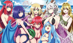 Rule 34 | 6+girls, ass, ass cutout, bare shoulders, beach, bikini, blonde hair, blue bikini, blue eyes, blue hair, blush, breast rest, breasts, breasts on head, cleavage, clothing cutout, demon wings, dragon girl, dragon horns, drill hair, duel monster, evil twin ki-sikil, evil twin lil-la, exosister elis, food, fruit, green eyes, hair ribbon, highres, hijiri-tukasa, horns, ki-sikil (yu-gi-oh!), kitchen dragonmaid, large breasts, lil-la (yu-gi-oh!), long hair, lovely labrynth of the silver castle, medium hair, multicolored hair, multiple girls, pink hair, red bikini, red hair, ribbon, rilliona (yu-gi-oh!), sample watermark, second-party source, sky striker ace - raye, smile, streaked hair, swimsuit, transparent wings, twin drills, twintails, very long hair, watermark, watermelon, white eyes, white hair, wings, witchcrafter madame verre, yellow eyes, yu-gi-oh!