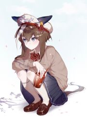 Rule 34 | 1girl, alternate costume, animal ears, black skirt, blue eyes, bow, bowtie, bright pupils, brown footwear, brown hair, cardigan, cheval grand (umamusume), closed mouth, collared shirt, cup, disposable cup, drinking straw, full body, hat, highres, holding, holding cup, horse ears, horse girl, horse tail, kneehighs, loafers, long hair, looking to the side, multicolored hair, petals, renma (renma 0503), shirt, shoes, skirt, socks, solo, squatting, streaked hair, tail, twitter username, umamusume, watermark, white hat, white pupils, white shirt, white socks