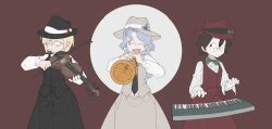 1920s_(style) 3girls alternate_costume apron black_hat blonde_hair bolos bow bow_(music) brown_hair glasses green_bow hat highres instrument keyboard_(instrument) long_sleeves lunasa_prismriver lyrica_prismriver merlin_prismriver multiple_girls necktie red_apron red_hat short_hair siblings sisters skirt skirt_set trumpet vest violin yellow_eyes