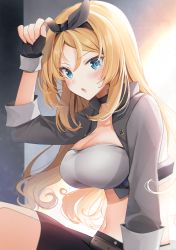 Rule 34 | 1girl, absurdres, black gloves, black hairband, blonde hair, blue eyes, breasts, choker, cleavage, cropped jacket, fingerless gloves, gloves, grey jacket, hairband, hand on own hip, highres, jacket, kantai collection, large breasts, long hair, long sleeves, looking at viewer, midriff, navel, nelson (kancolle), official alternate costume, open mouth, race queen, solo, yunamaro