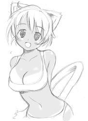 Rule 34 | 1girl, :d, animal ears, arms behind back, bikini, bikini tan, breasts, cat ears, cat tail, cleavage, fangs, graphite (medium), greyscale, large breasts, monochrome, navel, open mouth, sketch, smile, solo, swimsuit, taguchi makoto, tail, tan, tanline, traditional media