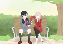 Rule 34 | 10s, 1boy, 1girl, bad id, bad pixiv id, black hair, black pantyhose, blue eyes, book, boots, brown footwear, commentary request, couple, crossed legs, darling in the franxx, eating, green eyes, hair ornament, hairband, hiro (darling in the franxx), holding, holding book, horns, in mouth, long hair, looking at another, military, military uniform, necktie, oni horns, pantyhose, pink hair, r h 0502, red horns, red neckwear, shoes, short hair, sitting, socks, tree, uniform, white footwear, white hairband, zero two (darling in the franxx)
