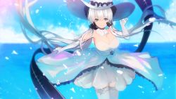 Rule 34 | 1girl, anchor, azur lane, bare shoulders, blue eyes, breasts, cleavage, dress, elbow gloves, flight deck, gloves, hair ribbon, hat, highres, illustrious (azur lane), lace, lace-trimmed dress, lace-trimmed headwear, lace trim, large breasts, long hair, looking at viewer, ribbon, sleeveless, sleeveless dress, solo, strapless, strapless dress, sun hat, tarbo (exxxpiation), thighhighs, tri tails, very long hair, water, white dress, white gloves, white hair, white hat, white thighhighs