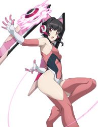 Rule 34 | 1girl, absurdres, arm behind back, armpits, bare shoulders, black hair, breasts, chuunioniika, covered navel, elbow gloves, gloves, highres, open mouth, pink gloves, pink thighhighs, purple eyes, senki zesshou symphogear, simple background, small breasts, solo, thighhighs, transparent background, tsukuyomi shirabe, white background, yo-yo