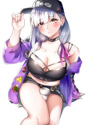 Rule 34 | 1girl, absurdres, bare shoulders, baseball cap, black camisole, black hat, black shorts, blush, breasts, camisole, choker, cleavage, coffee cup, collarbone, cup, disposable cup, fate/grand order, fate (series), hair ribbon, hat, heroic spirit tour outfit, highres, hood, hooded jacket, jacket, kama (fate), kama (tour outfit) (fate), large breasts, len (hand linke), long hair, long sleeves, looking at viewer, low twintails, midriff, navel, off shoulder, purple jacket, red eyes, ribbon, short shorts, shorts, silver hair, sitting, solo, thighs, twintails