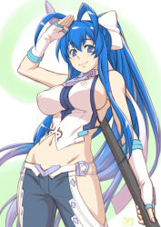 Rule 34 | 1girl, alternate color, alternate hair color, antenna hair, backless outfit, bare shoulders, holding behind back, blazblue, blazblue: central fiction, blazblue variable heart, blue eyes, blue hair, blue pants, bow, breasts, covered erect nipples, cowboy shot, fingerless gloves, genderswap, genderswap (mtf), gloves, groin, hair between eyes, hair bow, halterneck, hip vent, holding, holding weapon, large breasts, long hair, looking at viewer, looking down, lowleg, lowleg pants, mai natsume, matching hair/eyes, midriff, navel, no bra, no panties, open mouth, osafune kairi, outseal, pants, polearm, ponytail, revealing clothes, ribbon, salute, sideboob, sidelocks, skindentation, smile, solo, spear, standing, thighs, very long hair, weapon, white bow