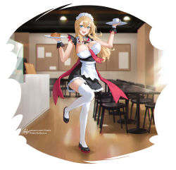 Rule 34 | 1girl, :d, black footwear, blonde hair, blue eyes, bouncing breasts, breasts, claire lamund (nhaliz), cleavage, cup, dress, food, full body, highres, holding, holding tray, indoors, large breasts, maid, mole above eye, necktie, nhaliz, open mouth, original, pancake, red necktie, shoes, short dress, smile, solo, standing, standing on one leg, teacup, thighhighs, tray, white thighhighs