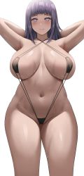 Rule 34 | 1girl, absurdres, armpits, arms behind head, bikini, black one-piece swimsuit, blank eyes, blush, breasts, closed mouth, highres, hyuuga hinata, jasony, large breasts, long hair, naruto, naruto (series), navel, one-piece swimsuit, simple background, slingshot swimsuit, solo, swimsuit, thighs, white background
