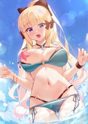 Rule 34 | 1girl, absurdres, blush, breasts, elf, heiyan shenshi, highres, large breasts, ocean, pointy ears, princess connect!, saren (princess connect!), swimsuit, unworn swimsuit
