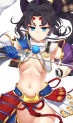 Rule 34 | 1girl, armor, armpit peek, armpits, asymmetrical hair, asymmetrical sleeves, black gloves, black hair, blue eyes, breasts, detached sleeves, fate/grand order, fate (series), gloves, holding, holding sword, holding weapon, japanese armor, katana, kusazuri, long hair, md5 mismatch, medium breasts, midriff, mismatched sleeves, navel, pinta (ayashii bochi), pom pom (clothes), ponytail, revealing clothes, serious, sheath, sheathed, side ponytail, simple background, solo, stomach, sword, underboob, ushiwakamaru (fate), very long hair, weapon, white background