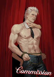 Rule 34 | 1boy, 1girl, abs, absurdres, bare pectorals, bdsm, blue eyes, bondage, bound, closed mouth, devil may cry (series), devil may cry 5, facial hair, hair slicked back, highres, large pectorals, lips, looking at viewer, male focus, maozhu, mature male, muscular, muscular male, necktie, nose, pectorals, realistic, solo, topless male, upper body, vergil (devil may cry), white hair
