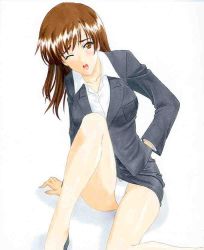 Rule 34 | 1girl, arm support, bare legs, blush, breasts, brown eyes, brown hair, character request, copyright request, fallen down, formal, large breasts, long hair, looking at viewer, office lady, one eye closed, panties, pantyshot, shoes, simple background, skirt, skirt suit, solo, suit, tagme, tayun (artist), underwear, white background, white panties