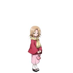Rule 34 | 1girl, blonde hair, brown eyes, female focus, kyouyama anna, looking at viewer, official art, sandals, scarf, shaman king, solo, transparent background, winter clothes