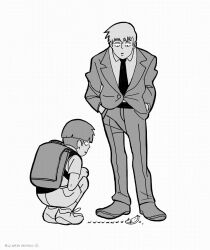 Rule 34 | 2boys, ant, artist name, backpack, bag, bowl cut, bug, collared shirt, commentary, english commentary, formal, full body, gatoiberico, grey background, greyscale, hands in pockets, highres, insect, kageyama shigeo, long sleeves, male focus, mob psycho 100, monochrome, multiple boys, necktie, pants, reigen arataka, shirt, short hair, simple background, squatting, standing, suit