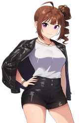 Rule 34 | 1girl, ahoge, black jacket, black shorts, bracelet, breasts, brown hair, drill hair, hand on own hip, highres, idolmaster, idolmaster million live!, jacket, jacket on shoulders, jewelry, kamille (vcx68), leather, leather jacket, looking at viewer, medium breasts, purple eyes, shirt, shirt tucked in, shorts, side ponytail, simple background, smile, solo, white background, white shirt, yokoyama nao
