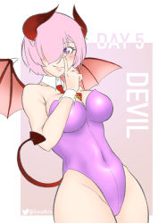 1girl bat_wings demon_tail english_text fate/grand_order fate_(series) hair_over_one_eye horns leotard mash_kyrielight pink_hair pink_leotard purple_eyes ryoumirul tail wings