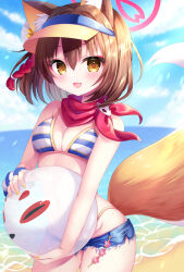 Rule 34 | 1girl, :d, animal ear fluff, animal ears, ball, bare shoulders, beachball, bikini, bikini under clothes, blue archive, blue shorts, blue sky, blush, breasts, brown eyes, brown hair, cleavage, cloud, cloudy sky, commentary request, day, fang, fox ears, fox girl, fox tail, groin, hair between eyes, halo, hat, holding, holding ball, horizon, izuna (blue archive), izuna (swimsuit) (blue archive), looking at viewer, medium breasts, micro shorts, ocean, open mouth, outdoors, shorts, sky, smile, solo, striped bikini, striped clothes, swimsuit, tail, visor cap, water, yellow hat, yomogi (becr)