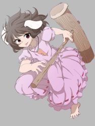 Rule 34 | 1girl, :p, animal ears, barefoot, brown eyes, carrot necklace, dress, frilled dress, frills, grey background, highres, inaba tewi, jewelry, kine, mallet, necklace, pink dress, rabbit ears, red ribbon, ribbon, ribbon-trimmed dress, shinmon akika, short sleeves, simple background, solo, toes, tongue, tongue out, touhou