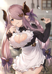 Rule 34 | 1girl, alternate costume, apron, artist name, bad id, bad pixiv id, blue eyes, blush, bow, breasts, candy, chocolate, chocolate heart, cleavage, cleavage cutout, clothing cutout, commentary request, dated, draph, enmaided, food, granblue fantasy, hair bow, hair over one eye, heart, heart cutout, highres, horns, kiri ph, large breasts, long hair, long sleeves, looking at viewer, maid, narmaya (granblue fantasy), narmaya (valentine) (granblue fantasy), pointy ears, purple bow, purple hair, smile, solo, twintails, twitter username, white apron