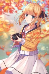 Rule 34 | 1girl, ahoge, autumn, autumn leaves, black ribbon, blonde hair, blue eyes, blunt bangs, blurry, blurry background, blush, brand name imitation, camera, closed mouth, cowboy shot, day, depth of field, drawstring, dress, enuni, falling leaves, hair ornament, hair ribbon, hairclip, highres, holding, holding camera, hood, hood down, hooded jacket, jacket, leaf, leaf hair ornament, long hair, long sleeves, looking at viewer, md5 mismatch, open clothes, open jacket, original, outdoors, resolution mismatch, ribbon, smile, solo, source smaller, white dress, yellow jacket