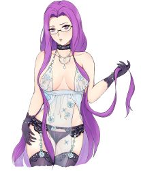 Rule 34 | 1girl, absurdres, alternate costume, artoria pendragon (lancer alter) (royal icing) (fate), breasts, craft essence (fate), fate/grand order, fate (series), forehead, glasses, highres, large breasts, looking at viewer, medusa (fate), medusa (rider) (fate), purple eyes, purple hair, short hair, simple background, solo, user ddne8755, very short hair, white background